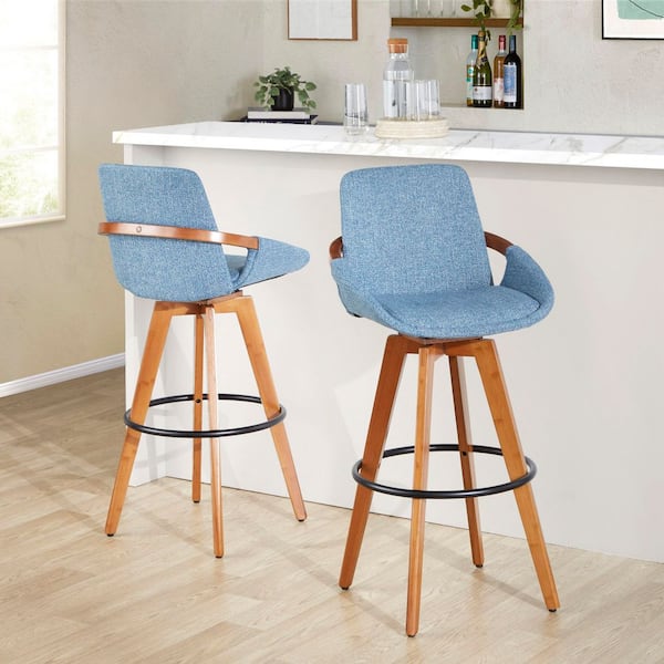 Cosmo 29 in. Blue Noise Fabric, Walnut Bamboo, and Black Metal Fixed-Height Bar Stool
