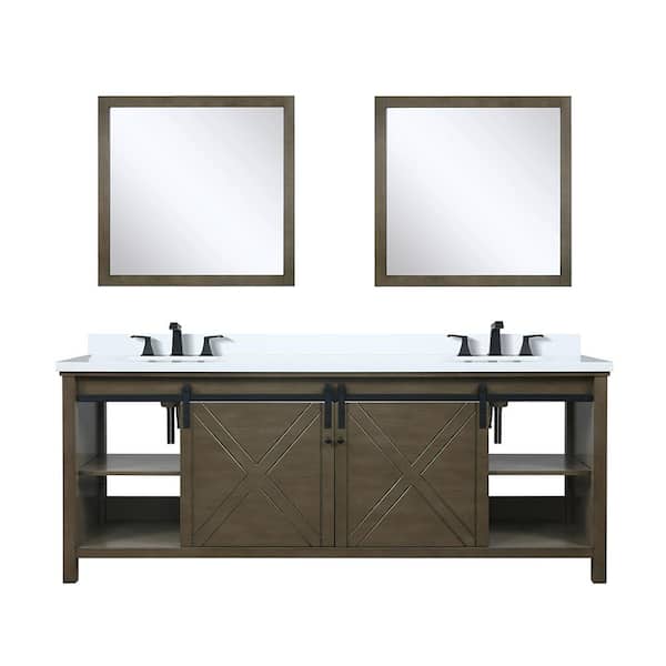 Lexora Marsyas 84 in W x 22 in D Rustic Brown Double Bath Vanity, Cultured Marble Countertop, Faucet Set and 34 in Mirrors