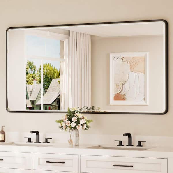 72 in. W x 36 in. H Beveled Edge Rectangular Bathroom Mirrors Framed Wall Mount Bathroom Vanity Mirror in Black