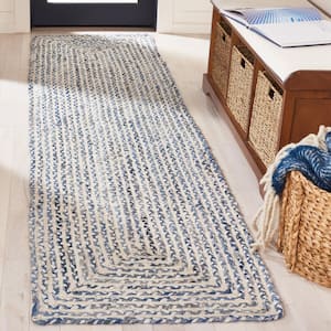Braided Blue Ivory 2 ft. x 9 ft. Abstract Striped Runner Rug