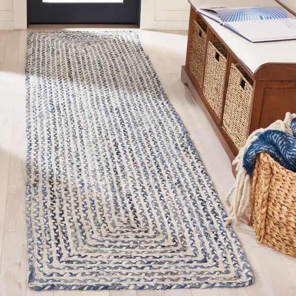Braided Blue Ivory 2 ft. x 9 ft. Abstract Striped Runner Rug