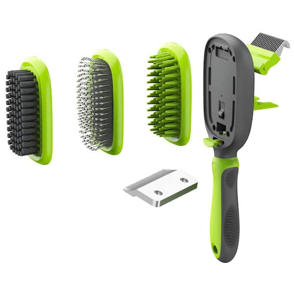 PET LIFE Conversion 5-in-1 Interchangeable Dematting and Deshedding Bristle Pin and Massage Grooming Pet Comb Green
