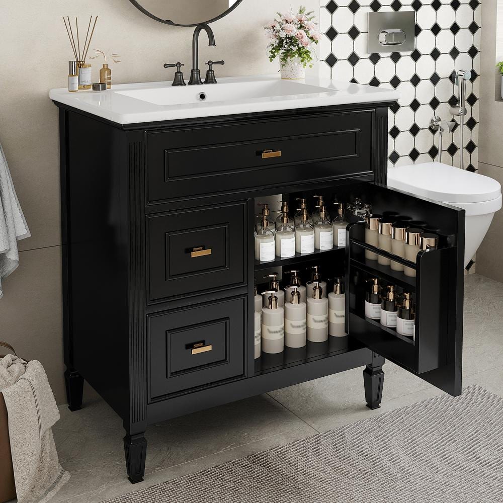 30 in. W x 18.4 in. D Freestanding Black Bathroom Vanity with Ceramic Sink, 1-Door 3-Drawer Storage price history on PriceWatchPro