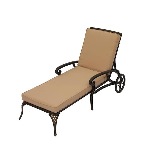 Antique Bronze Cast Aluminum Outdoor Chaise Lounge with Wheels Adjustable Reclining and Beige Cushion