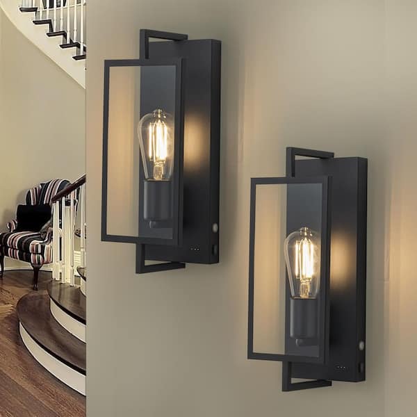 1-Light Black Chargeable Adjustable Brightness Indoor Wall Light with Glass Shade(2-Pack)