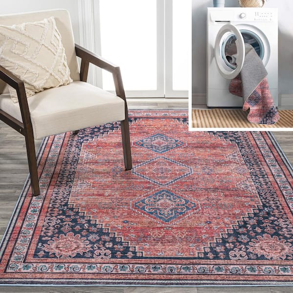Dalyan Geometric Medallions Washable Terra/Navy 9 ft. x 12 ft. Area Rug