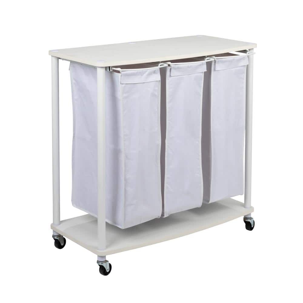 White Steel Frame Collapsible 3-Bag Laundry Sorter with Wheels