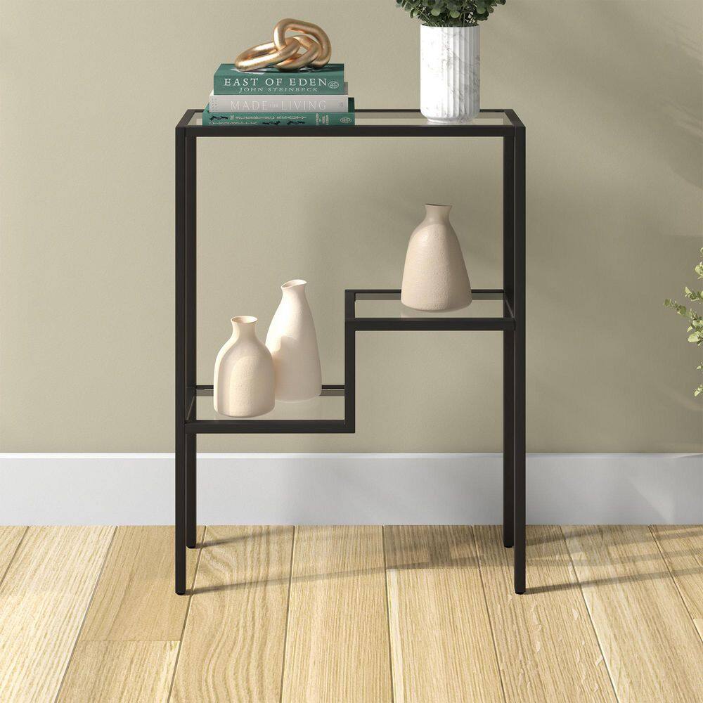 Modern Handcrafted Blackened Bronze Console Table with Tempered Glass Shelves