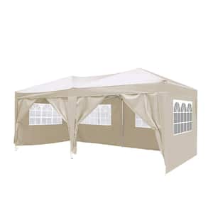 10 ft. x 20 ft. Beige Pop Up Canopy Outdoor Portable Party Folding Tent with 6 Removable Sidewalls Carry Bag, Weight Bag