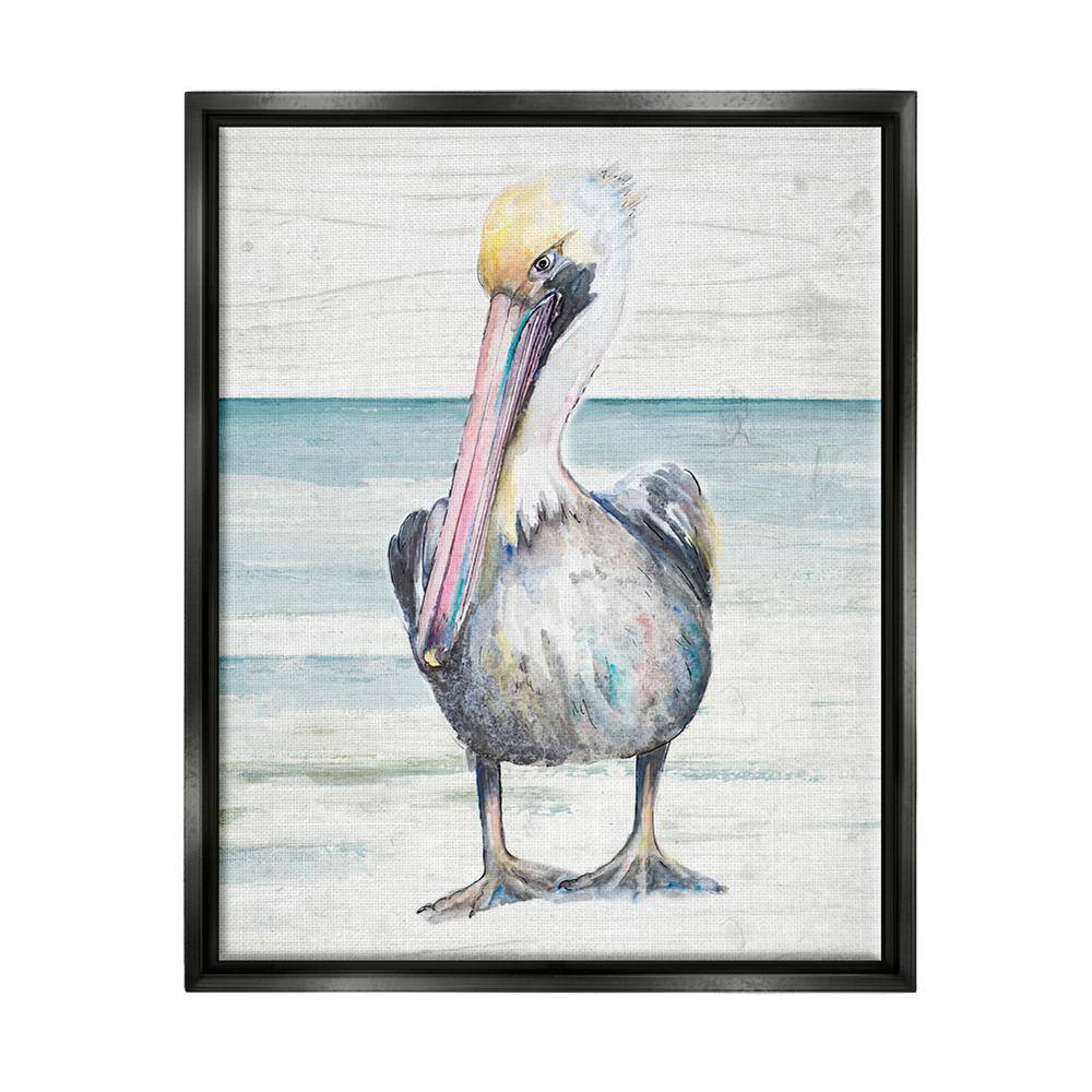 Pelican Bird Standing Beach Canvas Print in Black Frame