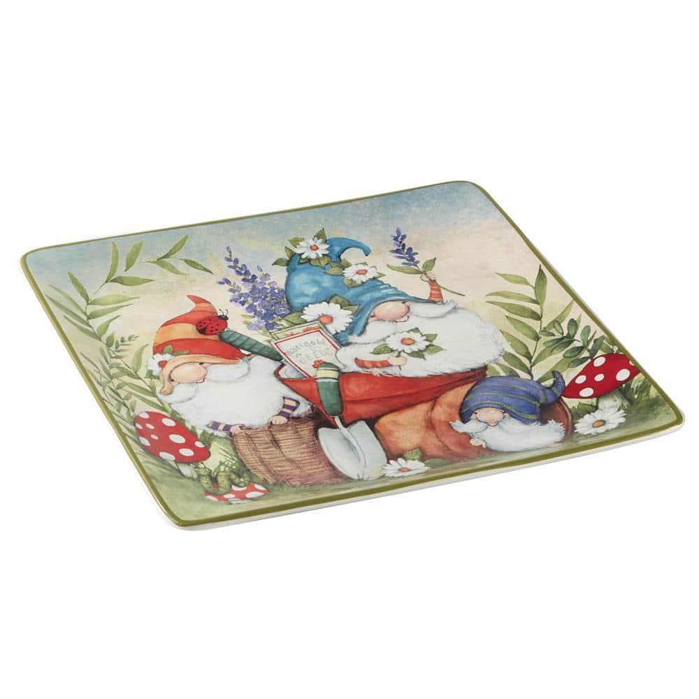 Whimsical Garden Gnomes Ceramic Square Platter 15"