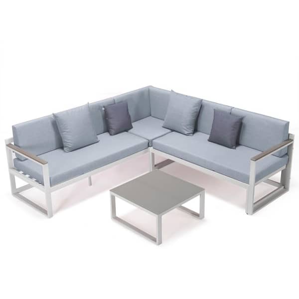 Leisuremod Chelsea White 3-Piece Metal Outdoor Sectional with Light Grey Cushions