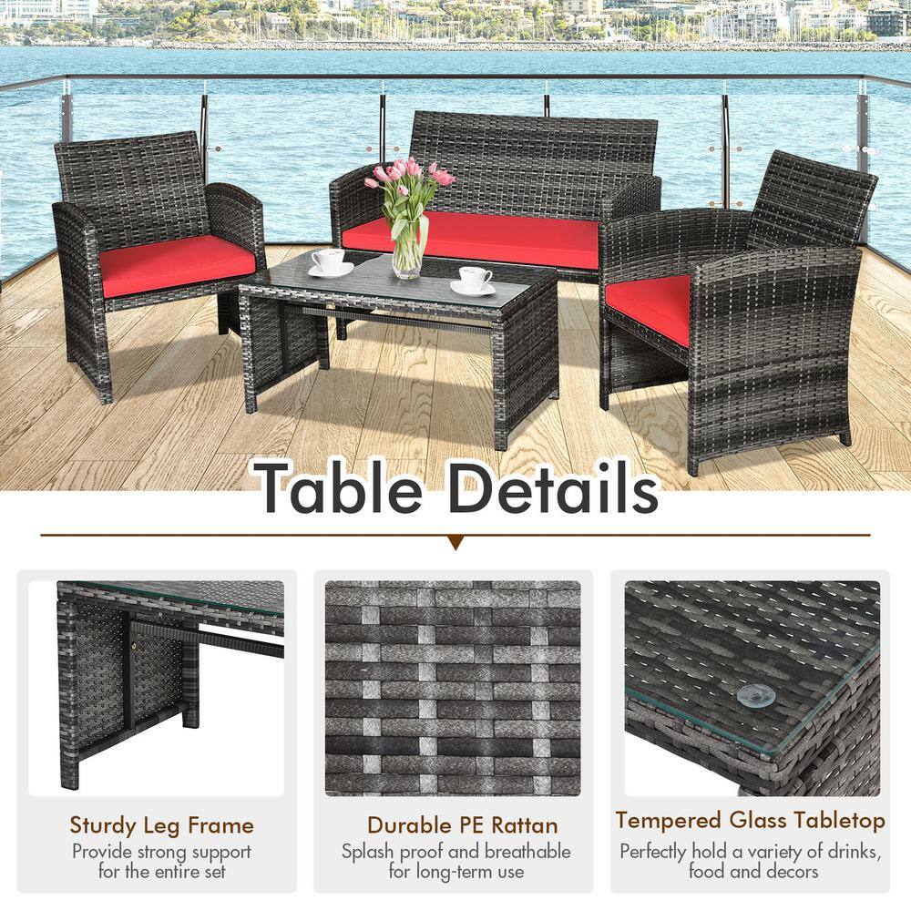 Red Cushioned Black Wicker 4-Piece Patio Furniture Set