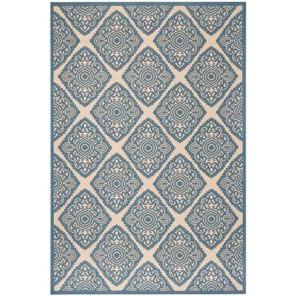 SAFAVIEH Beach House Cream/Blue 4 ft. x 6 ft. Medallion Indoor/Outdoor Patio  Area Rug