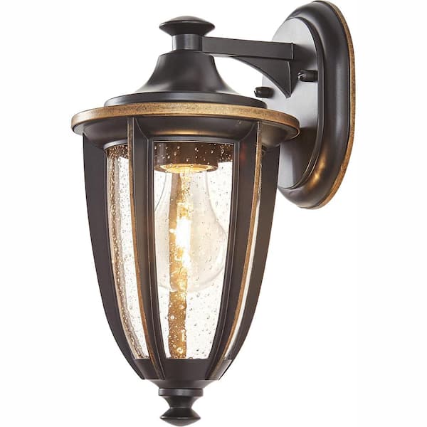 Home Decorators Collection 11.5 in. 1-Light Black with Gold Highlights Outdoor 6 in. Wall Lantern Sconce with Clear Seedy Glass