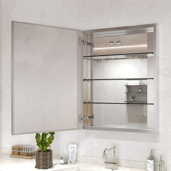 Hermitage Bath Flicker 23 in. W x 30 in. H Rectangular Aluminum Recessed/Surface Mount Medicine Cabinet with Mirror in Silver