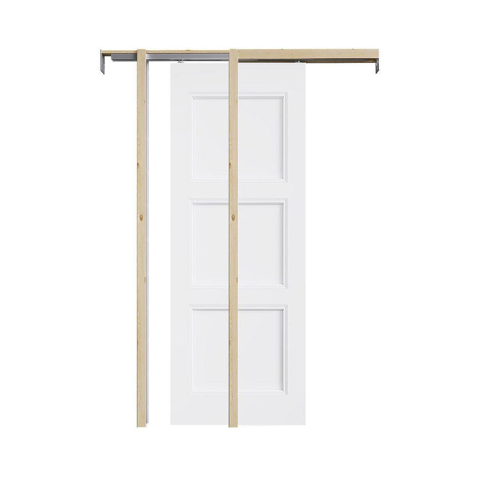 30 in. x 80 in. White Primed 3 Lite Molded Solid Core Wood Door with Pocket Door Frame with Hardware and Soft Close price history on PriceWatchPro