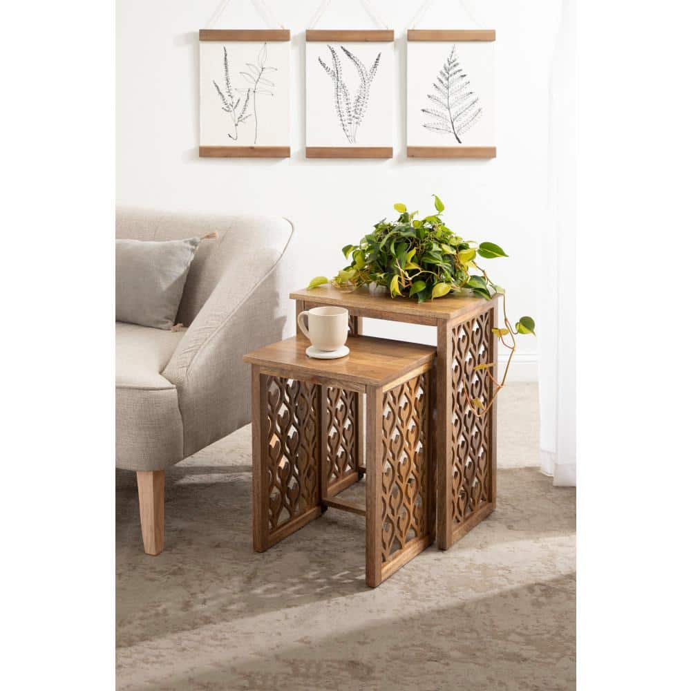 Natural Mango Wood Hand-Carved Nesting Tables, Set of 2