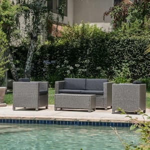 Puerta gray 4-Piece Faux Rattan Outdoor Patio Conversation Set with Mixed Black Cushions