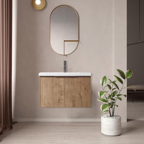 FUNKOL 30 in. W Float Mounting Bathroom Vanity with White Sink and Top，in Yellow (Khaki), Modern or Simplicity