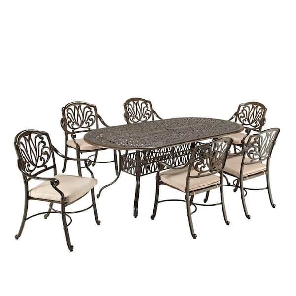 HOMESTYLES Floral Blossom Taupe 7-Piece Patio Dining Set with Beige Cushions
