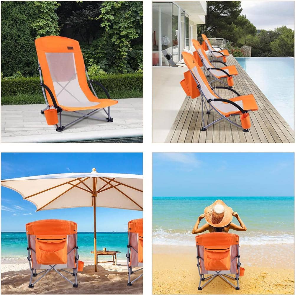 Orange High Back Folding Camping Chairs with Cooler and Cup Holder - Set of 2