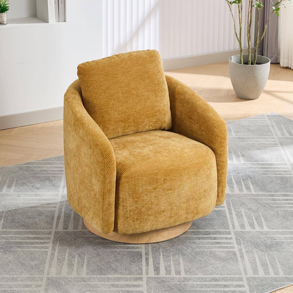 Curry Chenille Swivel Barrel Chair with Rubber Wood Base