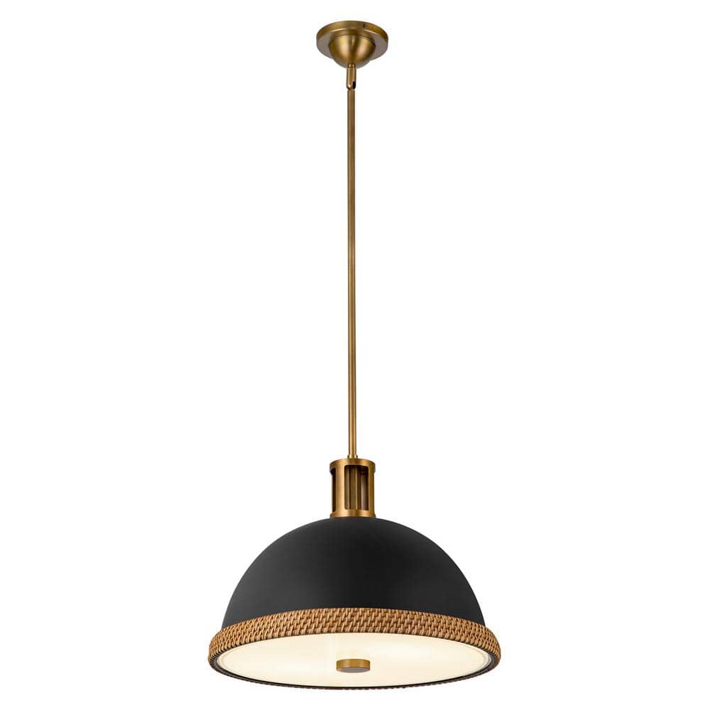 Doral 16 in. 2 Light 60-Watt Matte Black/Vintage Brass Pendant Light