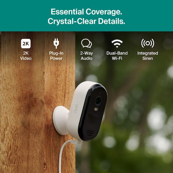 Arlo Essential Outdoor Plug-in Security Camera 2K (3rd Gen) with