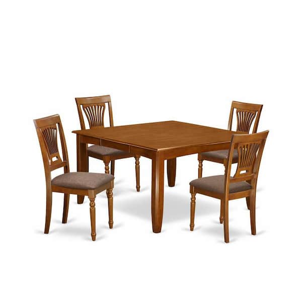 East West Furniture 5-Piece Square Saddle Brown Finish Solid Wood Top Dining Table with 4 Chairs with Lattice Back