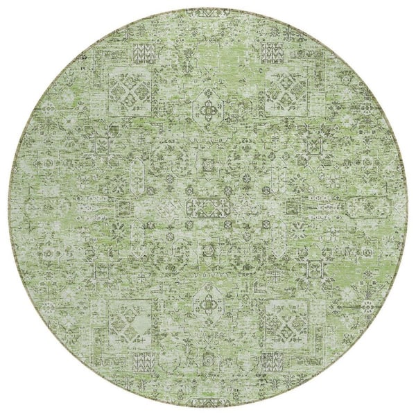 Artichoke Green, Olive Green 8 Round Woven Floral Polyester Round Indoor / Outdoor Area Rug