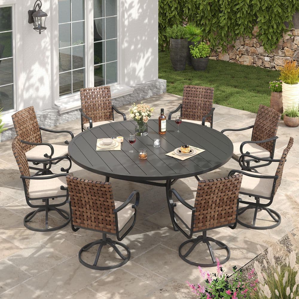 9-Piece Metal Outdoor Dining Set with 8 Swivel Wicker Chairs, Beige Cushions and 63 in. Black-Finish Round Table price history on PriceWatchPro