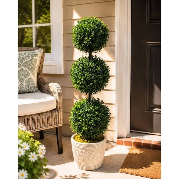 3.2 ft. Artificial UV Resistant 3-Ball Boxwood Topiary Tree in White Pot