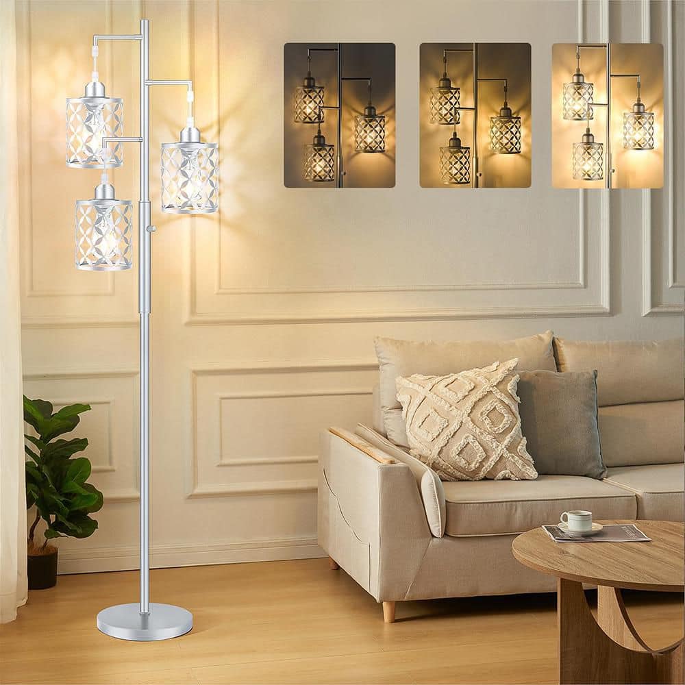 72 in. Silver 3-Light Dimmable Tree Floor Lamp with 3 Bulbs Included ...