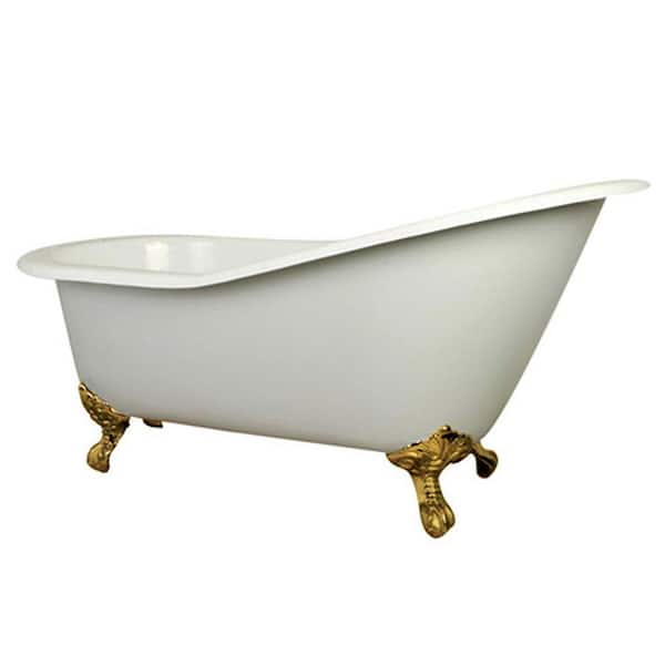 Aqua Eden 5 ft. Cast Iron Polished Brass Claw Foot Slipper Tub with 7 in. Deck Holes in White