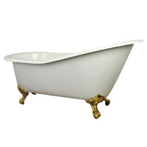 61 in. Cast Iron Polished Brass Slipper Clawfoot Bathtub with 7 in. Deck Holes in White