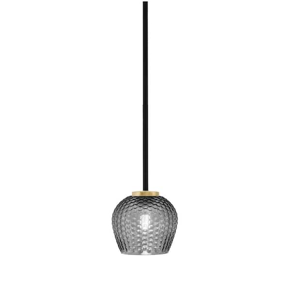 Elonia 100-Watt 1-Light Matte Black and Brass Stem Mini Pendant Light with 6 in. Smoke Textured Glass Shade