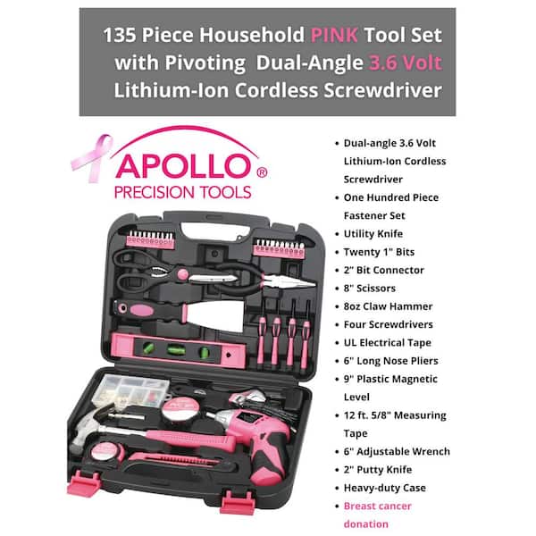 Apollo 135-Piece Home Tool Kit in Pink DT0773n1 The Home Depot