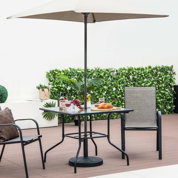 glass top patio set umbrella Flash Furniture Tory Commercial Grade Table with Tempered with Hole and Steel Tube Frame, Clear Top/Silver Frame and a stylish market umbrella.Tempered glass desktop is safe and durable Lakeside 6-Piece Outdoor Garden Glass