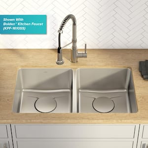 Dex 33 in. Undermount 50/50 Double Bowl 16 Gauge Stainless Steel Kitchen Sink with Accessories