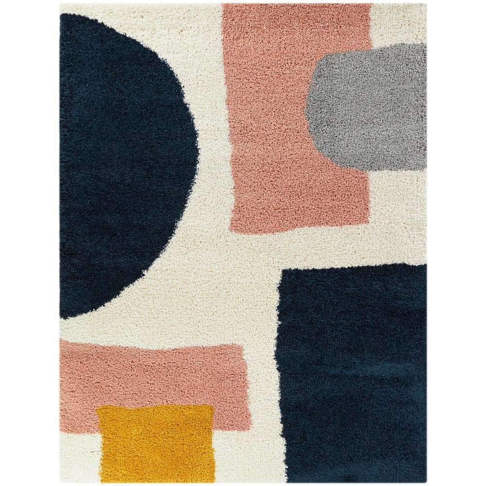 Navy and Multicolor Geometric Synthetic 5' x 7' Area Rug
