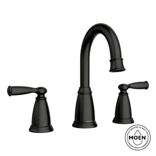 Banbury 8 in. Widespread Double-Handle High-Arc Bathroom Faucet with Drain Kit and Valve Included in Matte Black