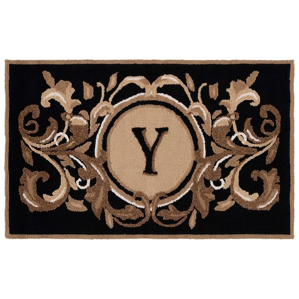 Monogram Black/Brown 3 ft. x 4 ft. "Y" Floral Leaf Indoor/Outdoor Area Rug