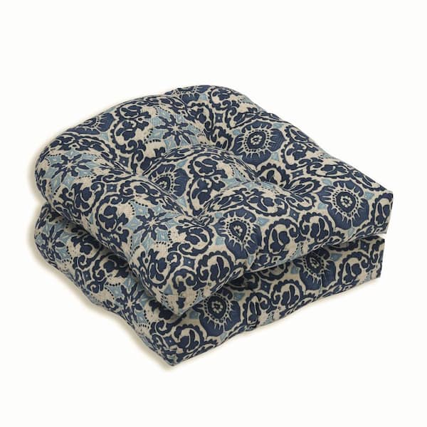 Pillow Perfect 19 in. x 19 in. Outdoor Dining Chair Cushion in Blue/Tan (Set of 2)