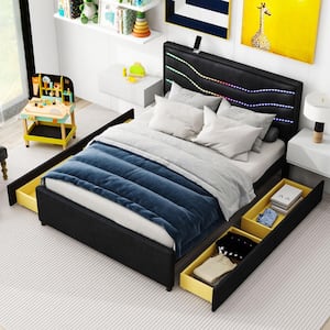 Black Wood Frame Queen Size PU Upholstered Platform Bed with 4-Drawer, USB Charging, Headboard with 3 LED Light Strips