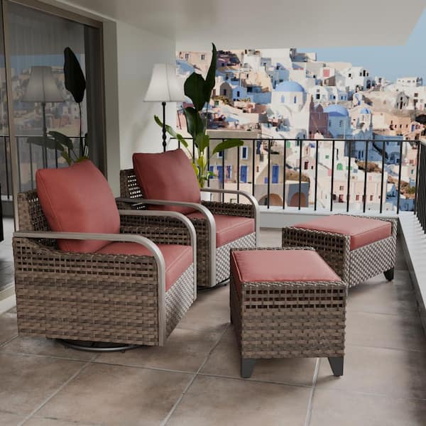 4-Piece Brown Wicker Outdoor Patio Conversation Set Swivel Rocking Chairs with Red Cushions and Ottomans