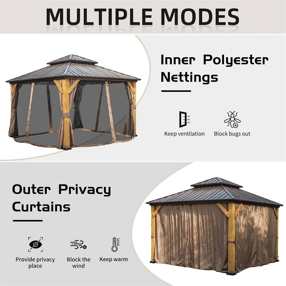 12' x 12' Brown Aluminum Hardtop Patio Gazebo with Curtains