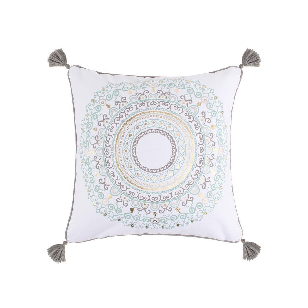 White and Gold Medallion Square Decorative Pillow with Tassels