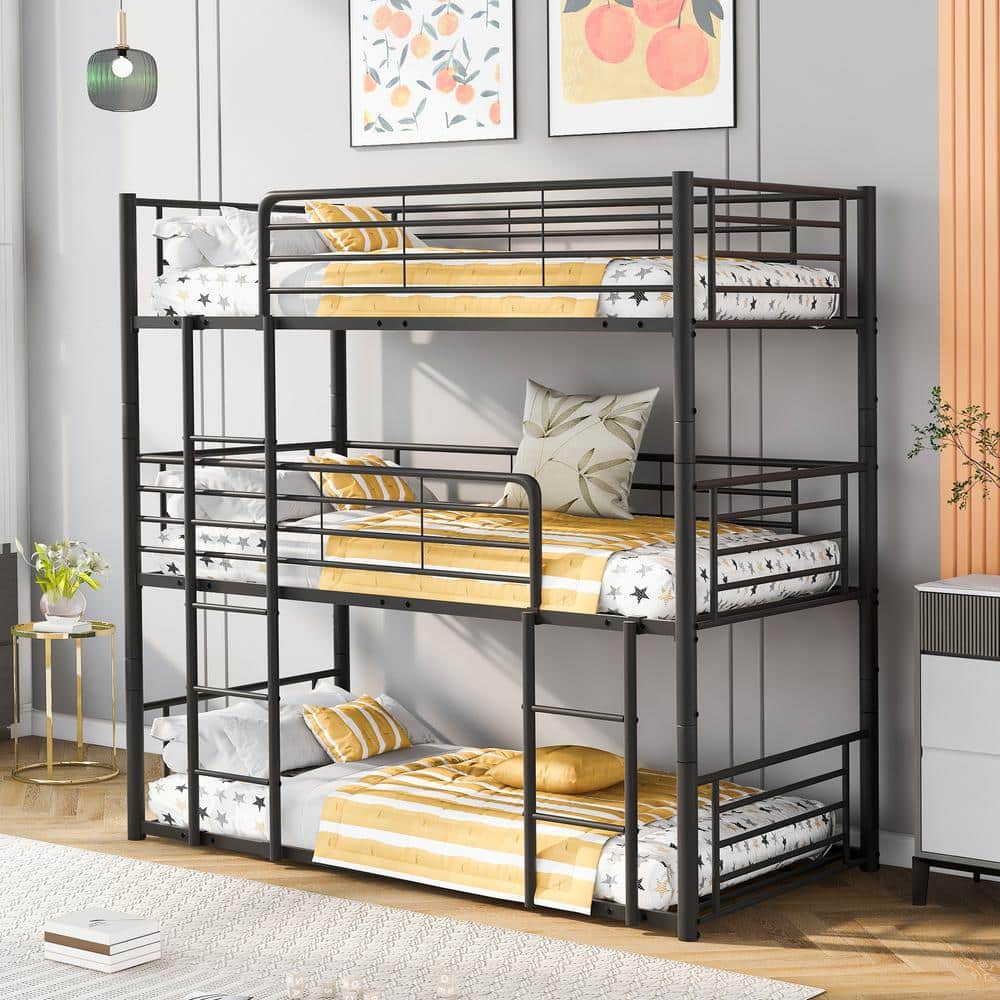 Harper & Bright Designs Black Twin Size Triple Metal Bunk Bed with