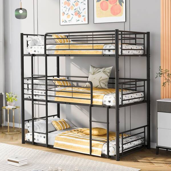 Harper & Bright Designs Black Twin Size Triple Metal Bunk Bed with ...